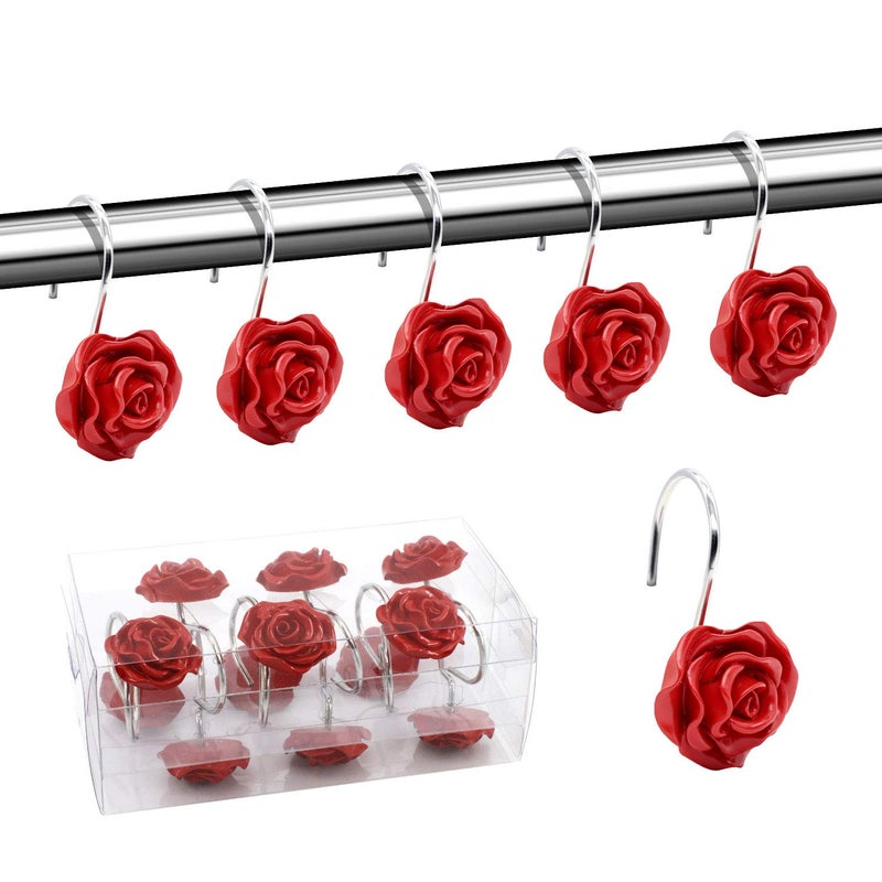 BEAVO Shower Curtain Hooks, Home Decorative Rustproof Shower Curtain Hooks Resin Rose Flower Shower Hooks Rings for Bathroom Shower Rods Curtains,Set of 12 Hooks (Red) - Image 1